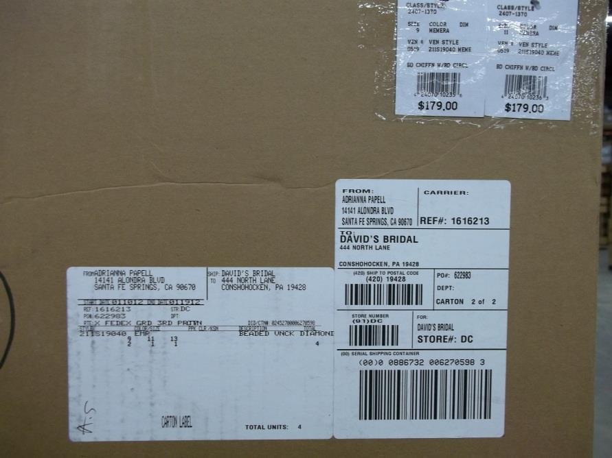 David s Bridal UK Vendor Compliance Manual page 19 Requirement 3.3 Packing Purchase Orders, continued Example of Properly Marked Carton An example of a properly marked carton is shown below.