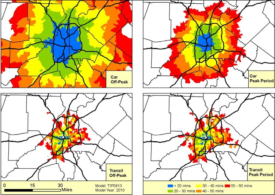 One indicator of the impact of congestion on the regional economy is illustrated by a comparison of peak to off-peak travel times to the Atlanta Central Business District (CBD) in Figure 4 below.