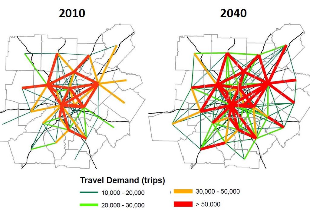 Figure 29: Total Travel Demand in 2010 and 2040 Source: ARC, 2009 However, significant changes are illustrated and reflect the complexity of travel patterns by the year 2040.