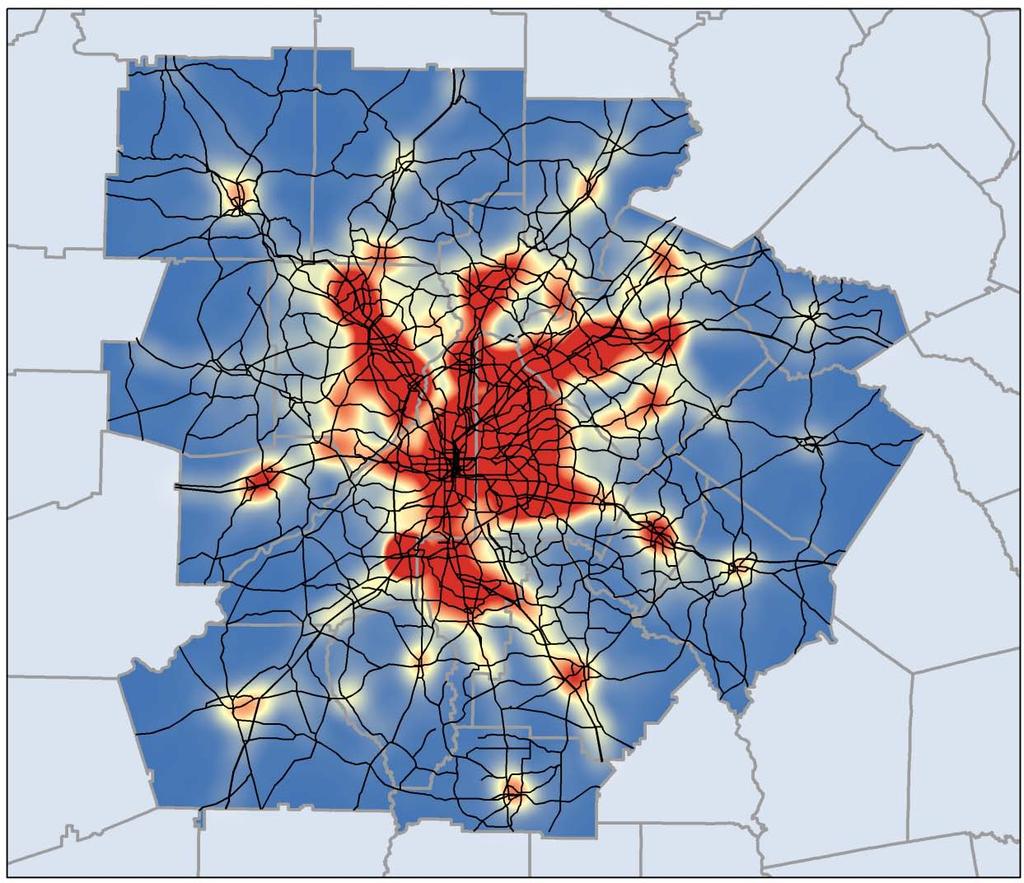 Figure 49: Crash Densities (2005-2008) Pedestrian crashes accounted for 0.7 percent and bicycle crashes accounted for 0.2 percent of the Atlanta 18-county MPO area s total number of crashes in 2008.