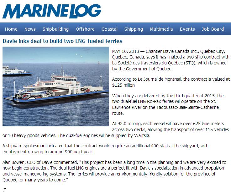 16 May 2013 STQ orders 2 Dual Fuel LNG ferries at Davies.