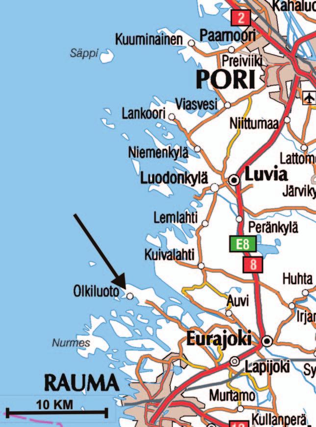 Figure 2. The location of Eurajoki and Olkiluoto. Eurajoki is located along Highway number 8 (E8). The distance from Highway number 8 to the Olkiluoto power plant is approximately 14 kilometres.