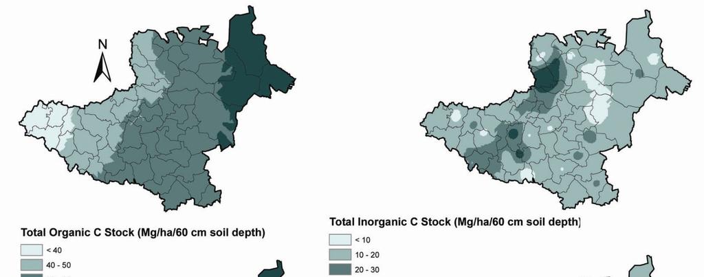 Figure 3. Kriged maps of soil carbon (organic, inorganic and total) stock and soil nitrogen for Warangal district. The total organic carbon stock for Warangal district has been estimated as 0.