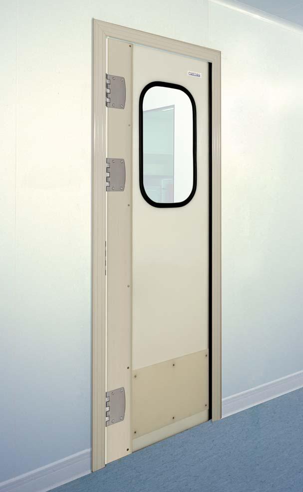 Polyethylene hinged-door For pedestrian, hand truck and forklift traffic. Application To separate working areas, halls and adjoining spaces with temperatures over +12 ºC.