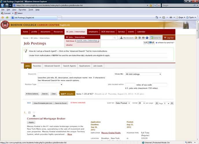 Searching for OCR Jobs On the Navigation toolbar, click BC Jobs/Internships.