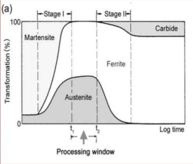 leads to a dramatic decrease of the austenite content in cast iron due to its decomposition (stage II).