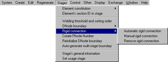 Master-slave restraint Add joint Edit master-slave restraint condition Add joint between elements The submenu for the Rigid connection command includes: Automatic rigid