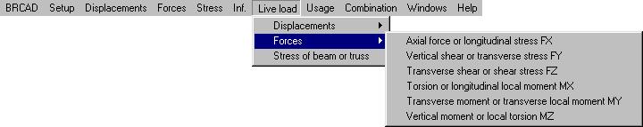 15 Live Load Menu Live load Menu is used to display the live load force or displacement envelope, including the following submenus: Displacements Force Stress of beam or truss Live load displacement