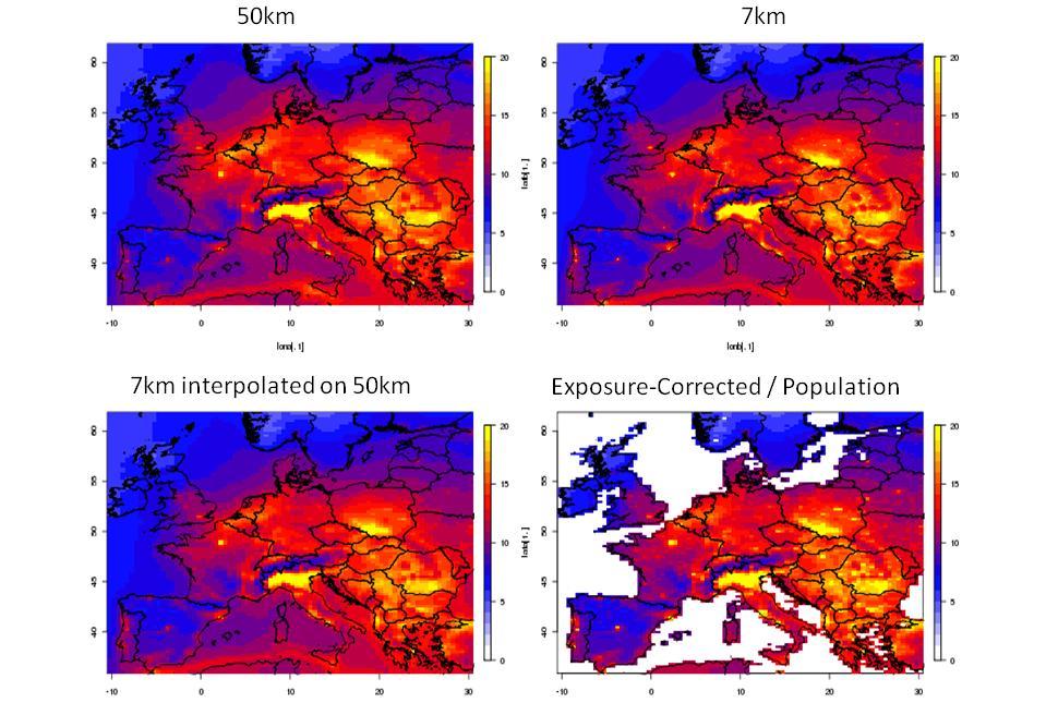 Figure 40: Top: row: average annual PM 2.5 level in the 50km and 7km model versions. Lower row: left: average PM 2.