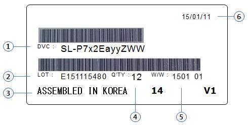 c) Outer Box Label 10 SL-PGR2V47MBWW Number Item Description 1 Model Number (Product Code) Refer to page 3 2 Lot No.