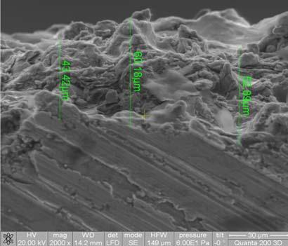 Also, by using electron microscopy, measurements were made in the cross section of the coating. The purpose of the measurements was to determine the thickness of the coating.