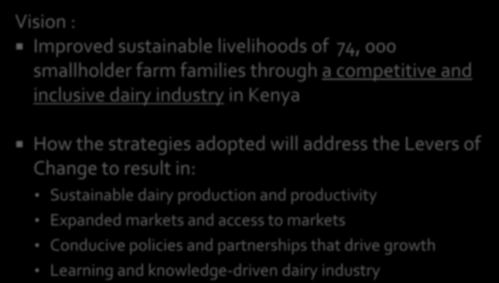 Levers of Change to result in: Sustainable dairy production and productivity Expanded markets and