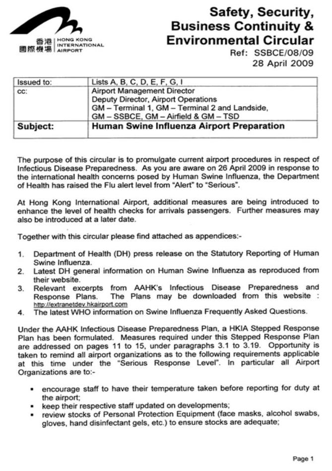 1. c General Communication (2) HKIA: Circular to all stakeholders airlines handling agents air traffic management airport medical