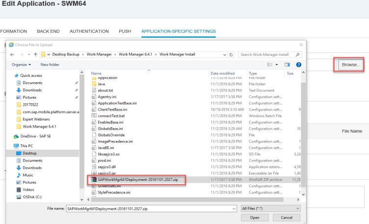 3. Select APPLICATION-SPECIFIC SETTINGS and import the Work Manager Project file: SAPWorkMgr641Deployment-20161101.2027.zip. Figure 38 Import SAP Work Manager application 4.