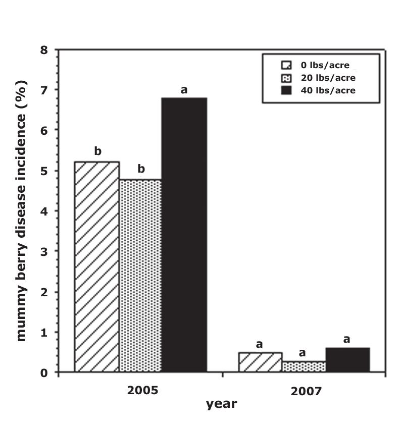 24 MAFES Bulletin 852 Figure 4. Effect of fertilizer application on mummy berry blight in an organic blueberry field in 2005.