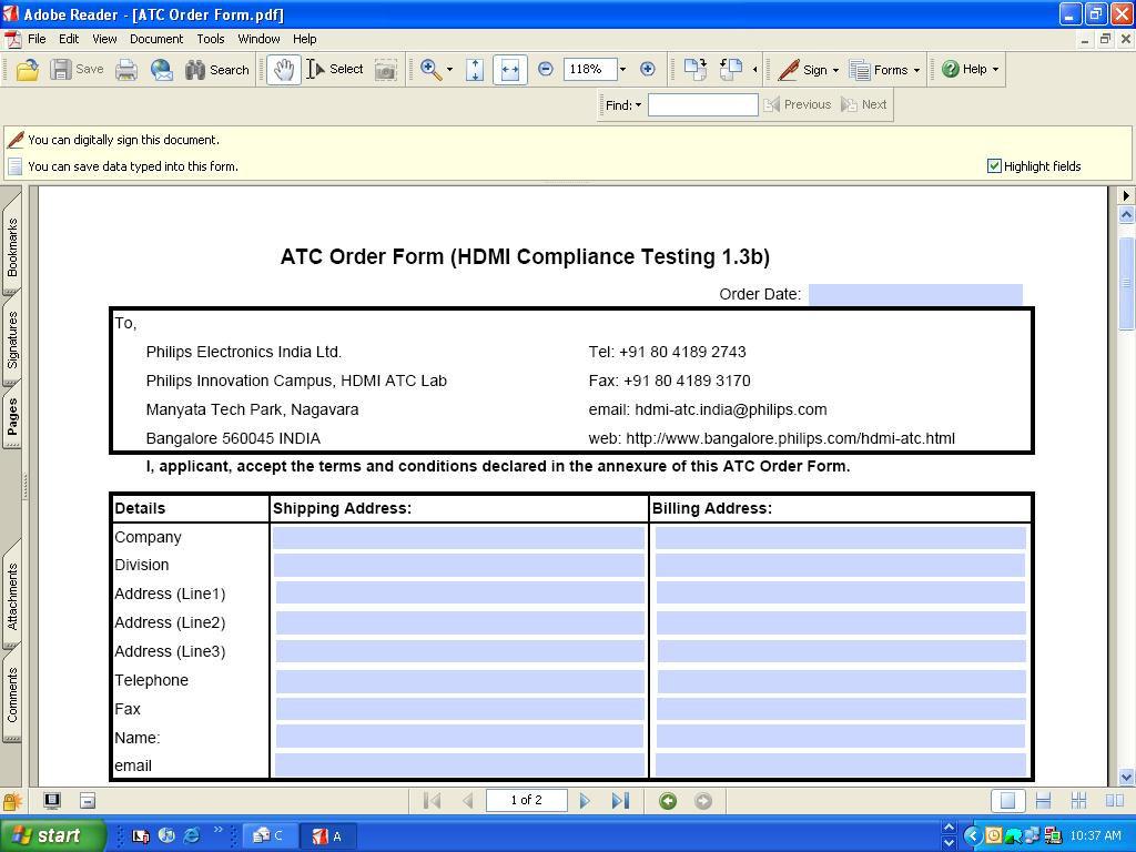 4.3. ATC Order Form ATC Order Form is used for placing the order for compliance testing. This is an acrobat sheet to be filled in electronically.