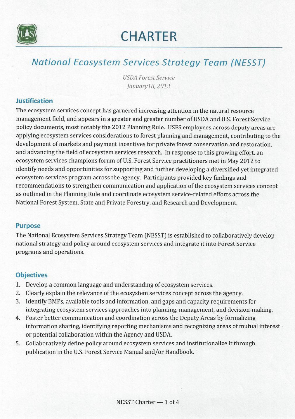 National Ecosystem Services Strategy Team (NESST) Established to collaboratively develop national strategy