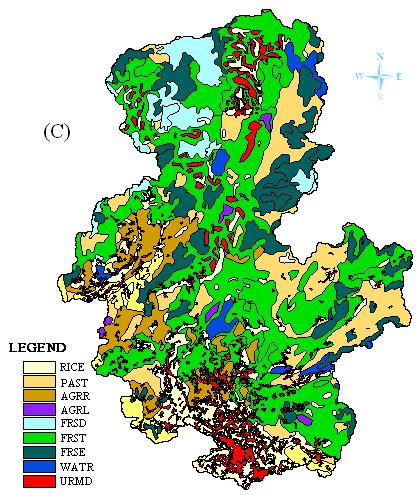 Map of land use scenarios (A) Baseline Scenario (B) Scenario 1: converted 22.96% Pasture land into Agricultural Land- Row Crops, other unchanged (C) Scenario 2: converted 22.