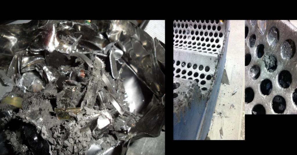 Chapter 3 Literature Review Figure 3.3.1. Shredded hard disk drives containing magnetic powder (left), industrial shredder with magnetised scrap powder trapped in and around the device (right).
