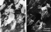 Chapter 3 Literature Review Figure 3.2.22. Bright field (left) and dark field (right) TEM images showing alignment of Fe 2 B grains within the disproportionated mixture in an Nd 12.5 Fe bal Ga 0.