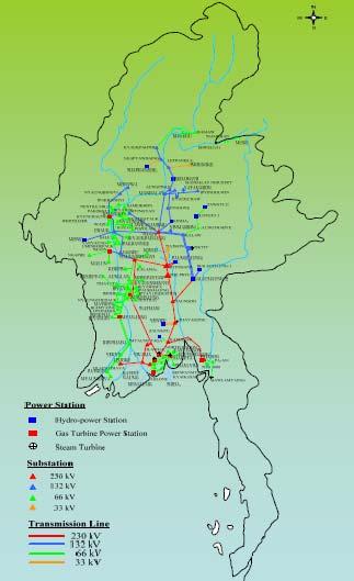 Annex: National power markets Figure 12 Myanmar Transmission Grid Source: Presentation at PWG-5 (2008) Future developments Myanmar has ambitious plans for the expansion of its hydro generating