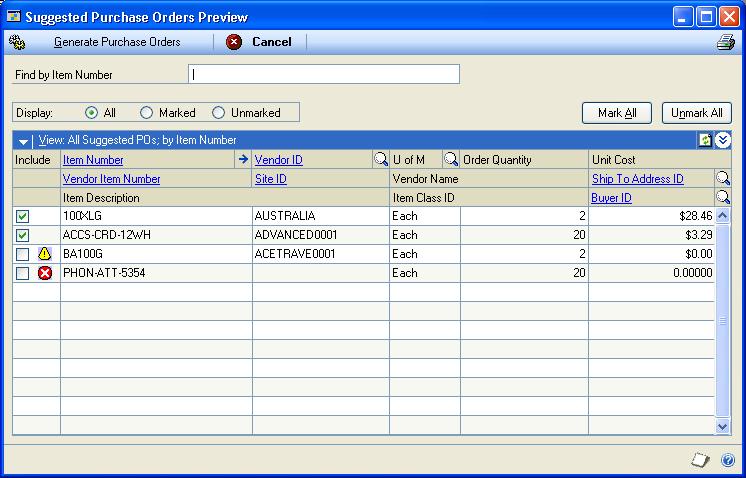 CHAPTER 10 PURCHASE ORDER GENERATOR To generate purchase orders in Purchase Order Processing: 1. Open the Suggested Purchase Orders Preview window.