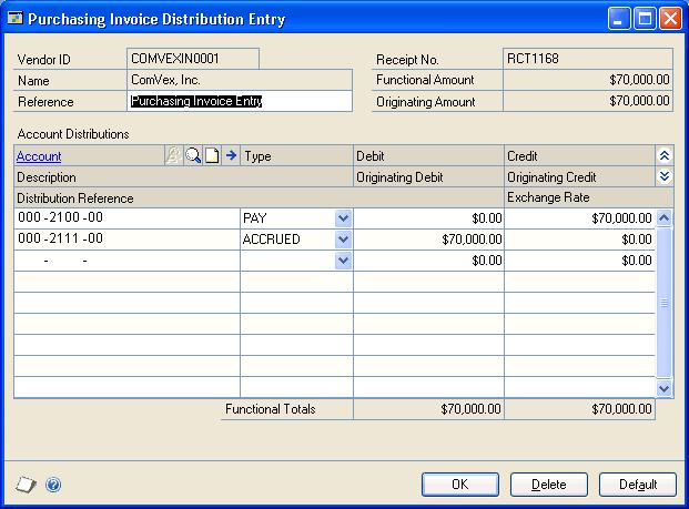 PART 3 RECEIPTS 3. Choose Distributions to open the Purchasing Invoice Distribution Entry window. 4. In the Reference field, change the reference displayed (optional).