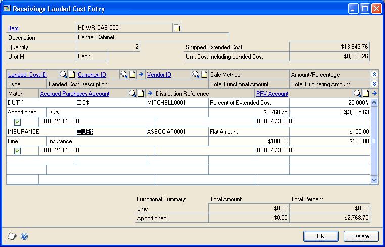 PART 3 RECEIPTS 4. Choose the Unit Cost button to open the Receivings Landed Cost Entry window. 5. Enter or select a landed cost ID.