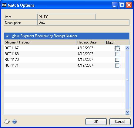 PART 3 RECEIPTS 7. To quickly match all line items for a shipment or shipment/invoice to the landed cost entered on the invoice, choose the Match Options button to open the Match Options window.