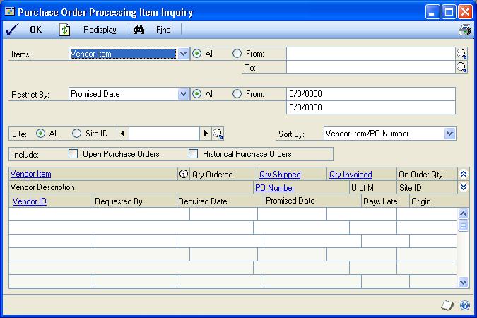 To view item information for purchasing documents: 1. Open the Purchase Order Processing Item Inquiry window. (Inquiry >> Purchasing >> Purchase Order Items) 2.