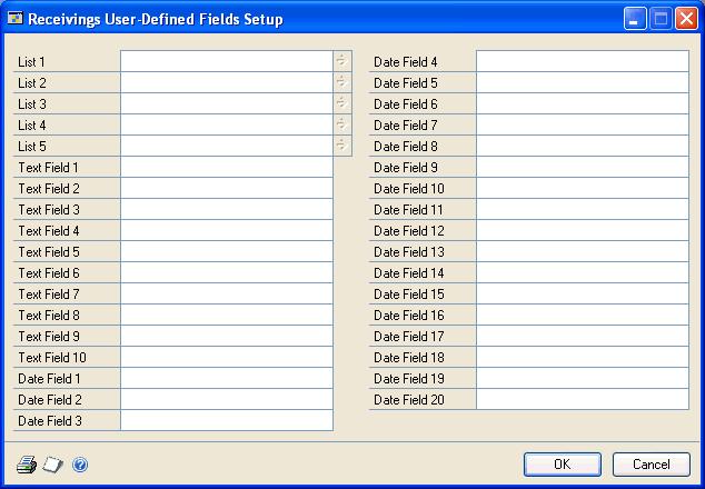 CHAPTER 1 MODULE SETUP Setting up user-defined fields for receivings Use the Receivings User-Defined Fields Setup window to enter labels for up to 35 user-defined fields to further track additional