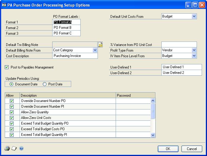 CHAPTER 5 PROJECT SETUP FOR PURCHASE ORDER PROCESSING To set up project preferences and default entries in Purchase Order Processing: 1. Open the PA Purchase Order Processing Setup Options window.