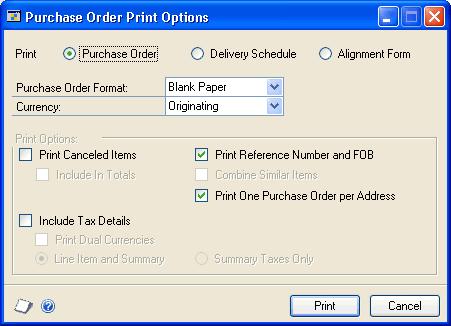 PART 2 PURCHASE ORDERS To print an individual blanket purchase order delivery schedule: 1. Open the Purchase Order Entry window. (Transactions >> Purchasing >> Purchase Order Entry) 2.