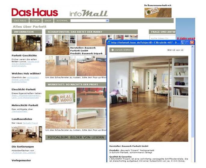 Das Haus media campaign Parquet and realwood promotion campaign on the Das Haus webportal and magazine in Germany. Still today, the German campaign generates an average of often up to 15.