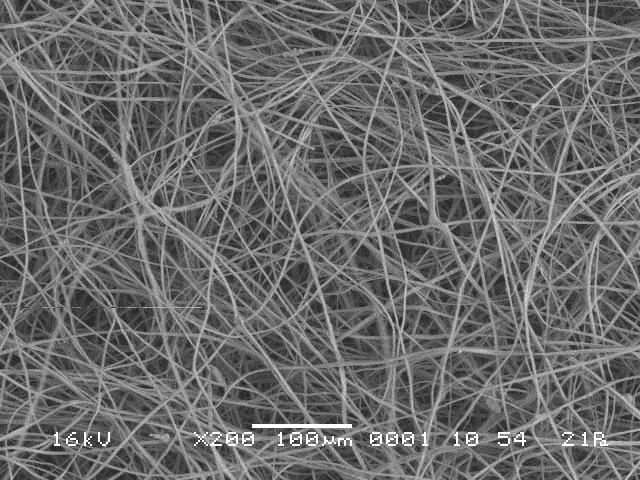 Figure 1: Schematic illustration of electrospinning process (left) and SEM image showing polymeric nanofibers.