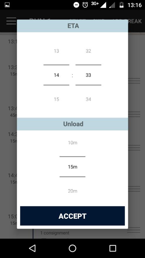 Palletways App > ETA / Break configuration Once you have clicked on the break in the run list you will be able to set the break start time and duration.