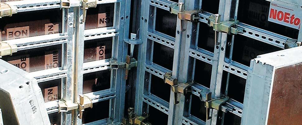 Noetop is a versatile, robust integrated formwork panel system. The basic panels incorporate the strongbacks and walers into one timber faced panel.