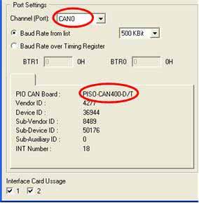 For example, There are two CAN cards in the PC, the card 1 is PISO-CAN 400 and the card 2 is PISO-CAN 200. From CAN 0 to CAN 3 are the ports of card 1 and from CAN 4 to CAN 5 are the ports of card 2.