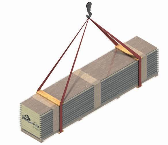 2 Panels with a total length of not more than 24-0 can be handled with a crane by using nylon straps and wood spreaders as shown in Fig. 4.2. For suggested wood spreader dimensions, see Fig.