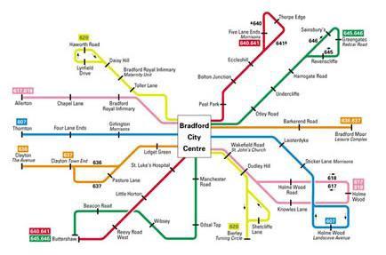 The entire route is evident along with all major stations. The spider map from Bradford (UK) is part of a marketing strategy to re-brand the bus network as an Overground system.