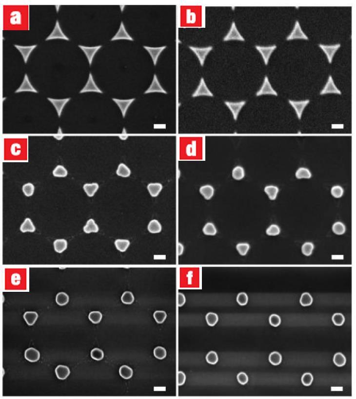 The hexagonally close-packed (Fischer pattern) nanospheres create a crystal structure in which the gaps between the spheres form a regular array of dots.