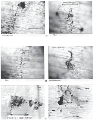 b d Fig.4. SCC cracks initiated on external surface of Incoloy 800 samples without mechanical pre-crack (deformation 4.5%), and tested by PD method in 0.