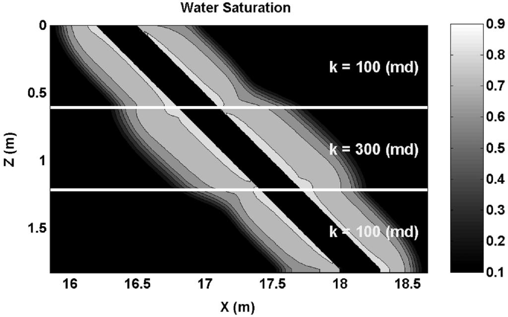 Fig. 20 Case 9: spatial cross section of water saturation. Example of a deviated well. The angle of deviation is 45, and the time of invasion is 2 days.