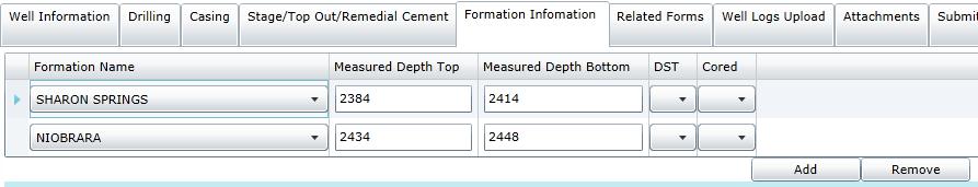Form 5 Formation Information Tab (1 of 2) Formation Information is entered in an eforms data grid lines are added (and removed) as needed Complete a separate data section/line for each formation