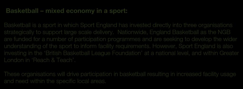 organisations out of the formal NGB sport structures to drive sports participation. These organisations have facility requirements and will need to be considered in any analysis.
