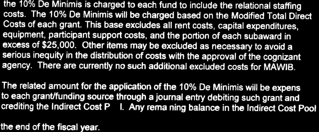 Attachment K the 10% De Minimis is charged to each fund to include the relational staffing costs. The 10o/o De Minimis will be charged based on the Modified Total Direct Costs of each grant.