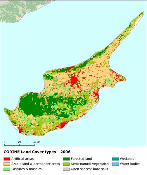 Land cover 2006 Overview of land cover & change The change of landscape in Cyprus during is dominated by formation of artificial and forested land and on the other hand consumption of open