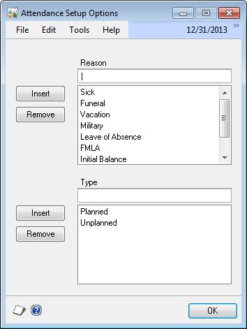 CHAPTER 4 PAYROLL YEAR-END PROCEDURES 10. Choose Options to open the Attendance Setup Options window. 11.