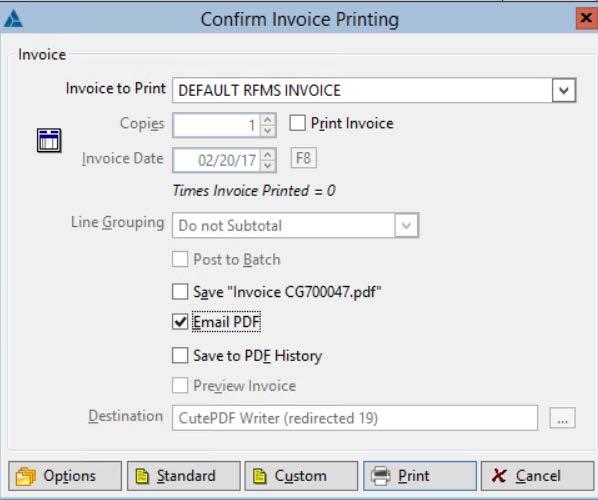 Invoice Choose the option to Email PDF This will process the printing process but