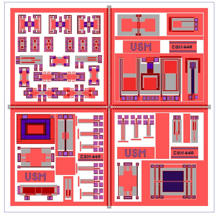 Figure 2c. A Multi-Project Chip s Design Layout which combines variations of twenty one student projects based on the PiezoMUMPs process designed in ELE446 MEMS class.